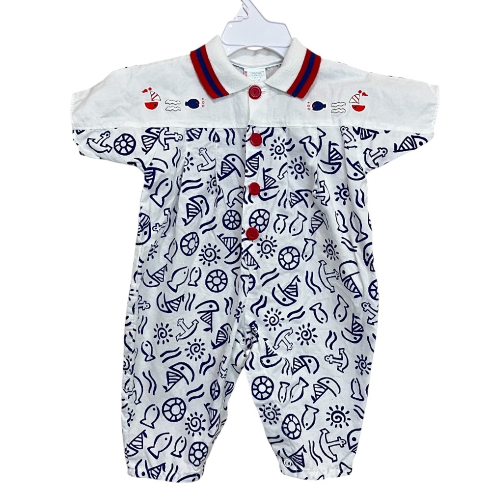Vintage Baby Sea Ocean Sailor Theme One Piece Summer Outfit Size 0-14 Lbs